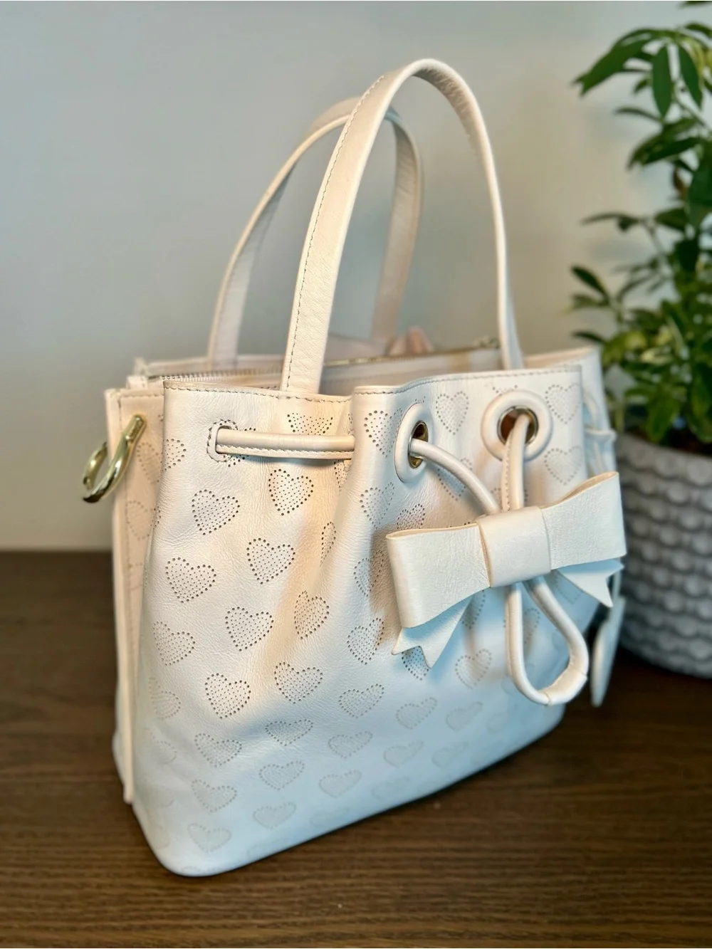 Cole Haan x Rodarte Heart Perforated Leather Bucket Bag White Bow